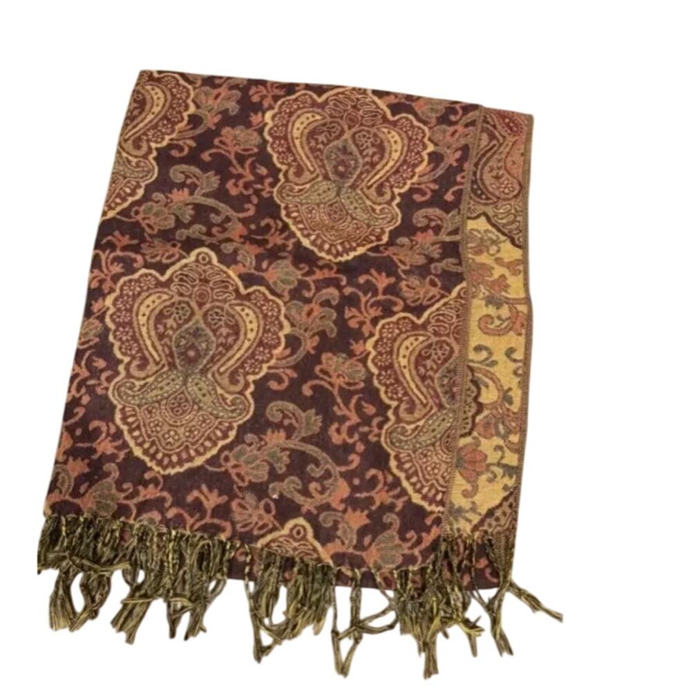 Boho Paisley Pashmina Shawl Scarf Wrap Fringe Edge Burgundy Tapestry Style